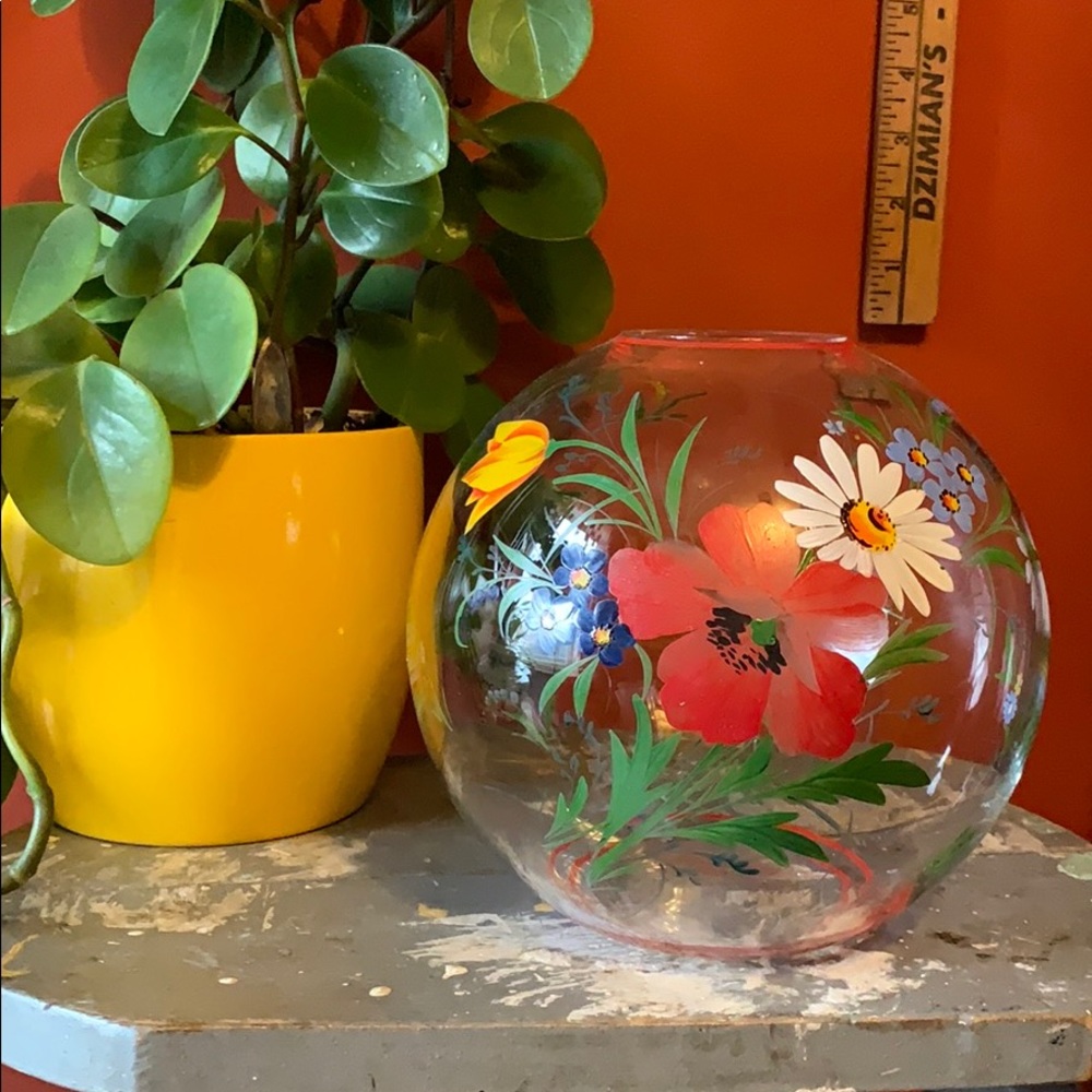 Vintage Round glass crystal vase with hand painted flowers